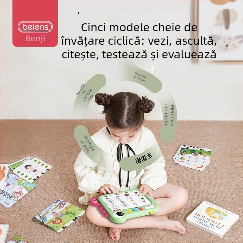 Mașină bilingvă de învățare pentru educație timpurie, cu antrenament de gândire logică, citire de carduri și redare muzicală, alimentare cu baterie litiu.