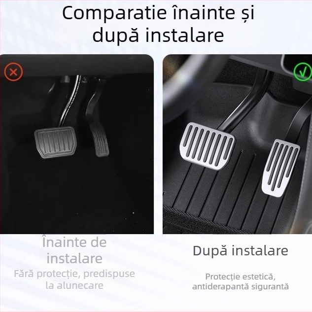 Set accesorii pedale din aliaj de aluminiu pentru Tesla Model 3/Y – accelerație, frână și pedala de sprijin (dead pedal), transmisie automată, model 2025