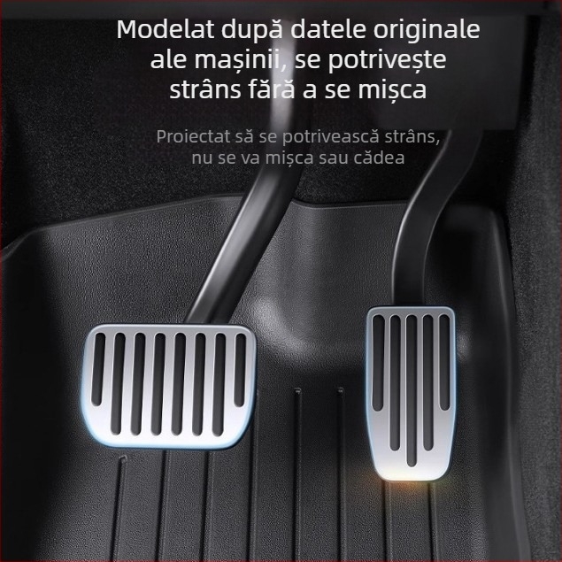 Set accesorii pedale din aliaj de aluminiu pentru Tesla Model 3/Y – accelerație, frână și pedala de sprijin (dead pedal), transmisie automată, model 2025