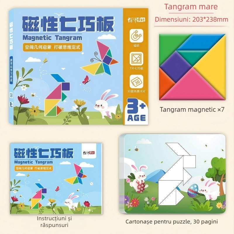 Puzzle tangram magnetic – jucărie educațională din lemn pentru copii, asamblare de modele, 7–14 ani, Shaoze culture, origine Wenzhou