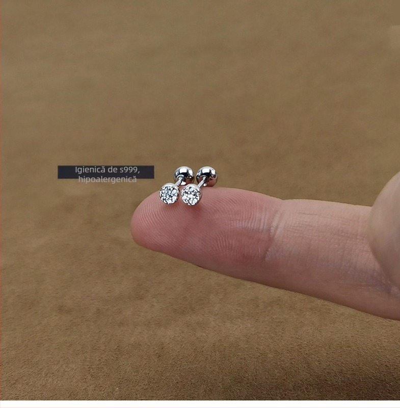 Cercei - ac de argint 999, zircon rotund, tratament cu diamant, design unisex simplu
