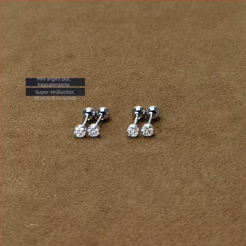 S999 argint – cercei cu zircon rotund, mici și eleganți, pentru piercing la urechi