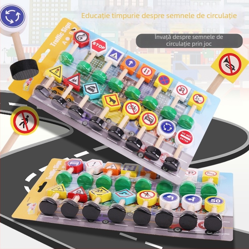 Set de blocuri din lemn pentru educație timpurie: semne de circulație urbane și semafoare pentru conștientizarea siguranței (0–3 ani, 0–38 piese, vopsea pe bază de apă, fără energie)