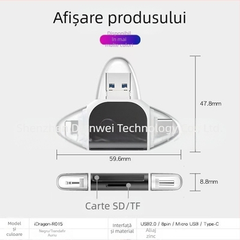 Cititor de carduri metal cu patru porturi, USB 2.0, SD/TF — Model U003
