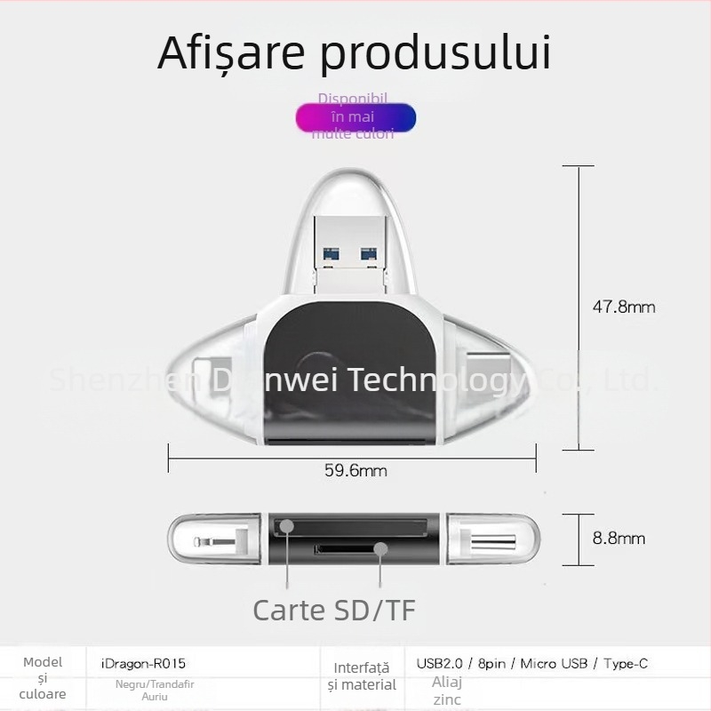 Cititor de carduri metal cu patru porturi, USB 2.0, SD/TF — Model U003