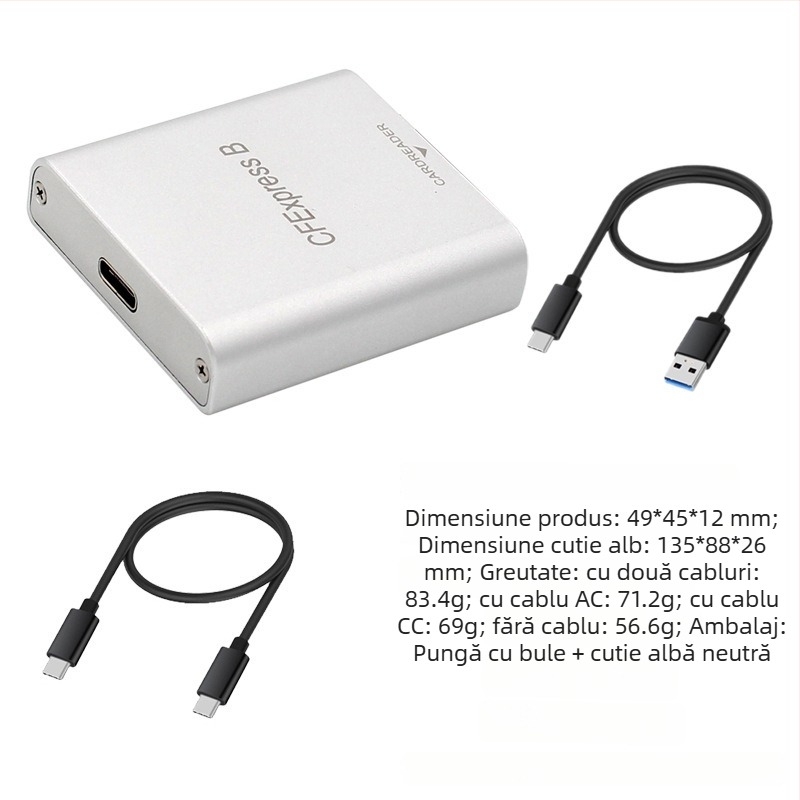 Cititor CFexpress PH862 — Cititor de carduri CFexpress, USB 3.2 de înaltă viteză (10G), interfață USB-C, corp din aliaj de aluminiu, montaj extern, personalizare OEM disponibilă.