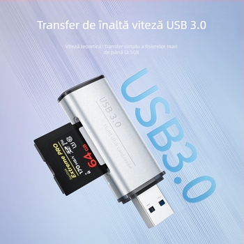 Cititor USB 3.0 pentru carduri SD și TF – carcasă din aluminiu, model ADS-105, dimensiuni 6.9×2×1 cm