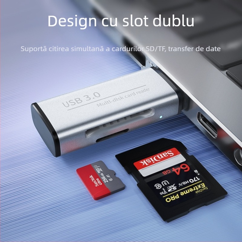 Cititor USB 3.0 pentru carduri SD și TF – carcasă din aluminiu, model ADS-105, dimensiuni 6.9×2×1 cm