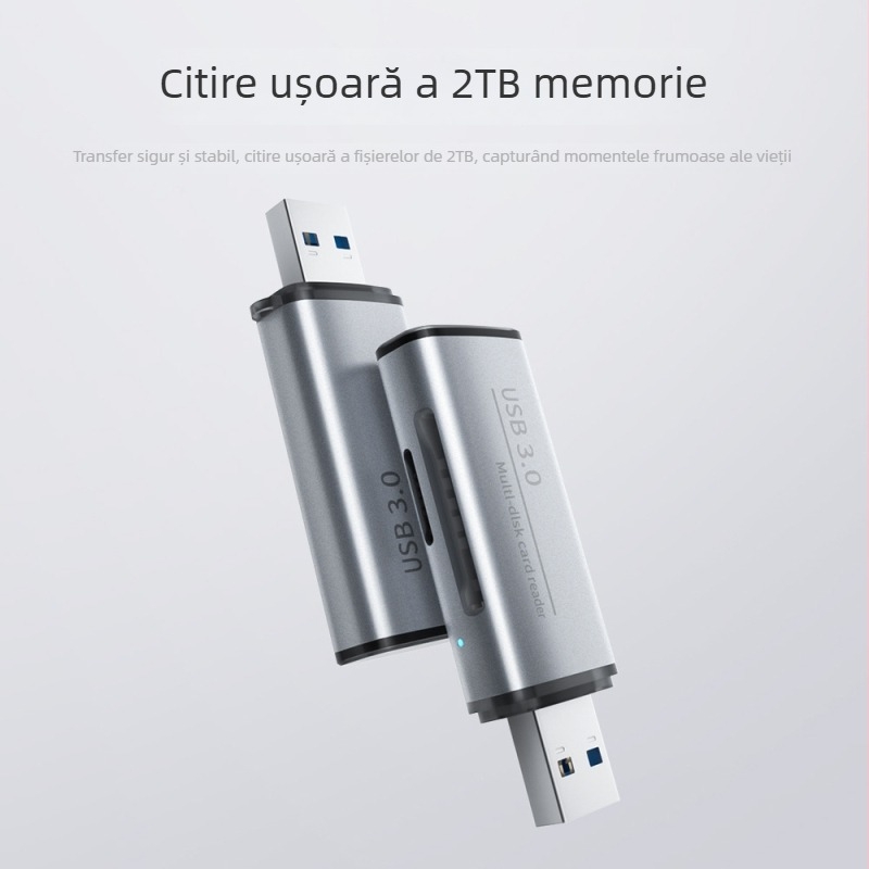 Cititor USB 3.0 pentru carduri SD și TF – carcasă din aluminiu, model ADS-105, dimensiuni 6.9×2×1 cm