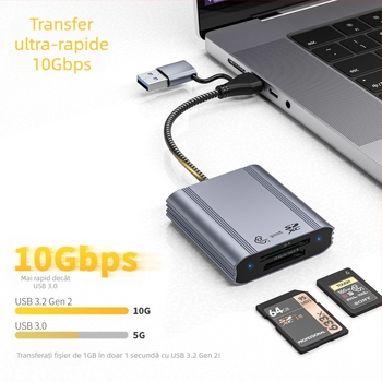 Cititor CFexpress A/B și SD pentru carduri, USB-C și USB 3.0, aliaj de aluminiu, model CF003