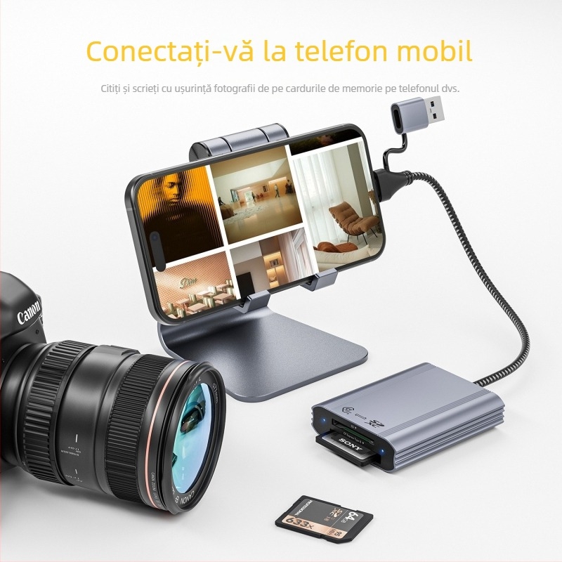 Cititor CFexpress A/B și SD pentru carduri, USB-C și USB 3.0, aliaj de aluminiu, model CF003