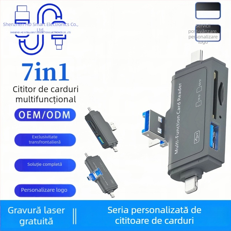 Cititor de carduri 7 în 1 — Compatibil cu Apple Type-C, dispozitive Android și PC-uri; interfață USB 2.0; suport TF card; OTG 3.0 multi-funcțional; plug-and-play