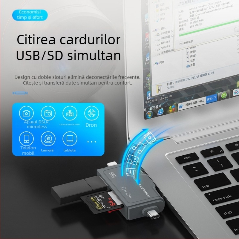 Cititor de carduri 7 în 1 — Compatibil cu Apple Type-C, dispozitive Android și PC-uri; interfață USB 2.0; suport TF card; OTG 3.0 multi-funcțional; plug-and-play
