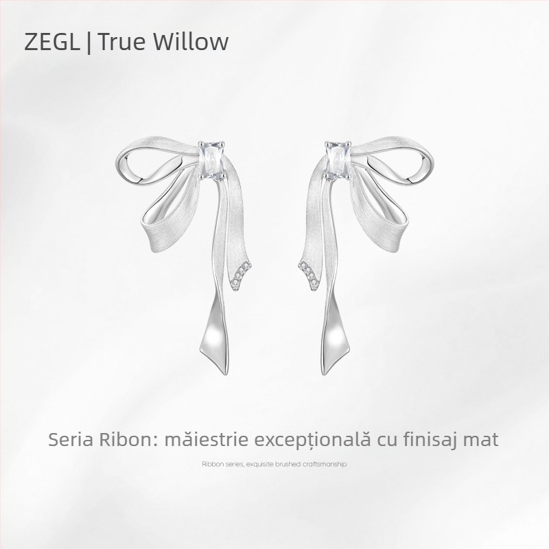 Cercei cu formă de fundă din cupru, prelucrare cu diamant, pietre montate din aliaj cu pietre artificiale/semi-prețioase, tijă din argint 925