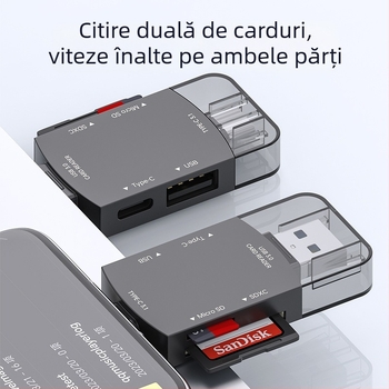 Cititor de carduri USB-C/USB 3.0 2 în 1 pentru SD/SDHC/TF/microSD – extern, aliaj de zinc, 30 g, viteză înaltă, compatibil cu toate sistemele de operare