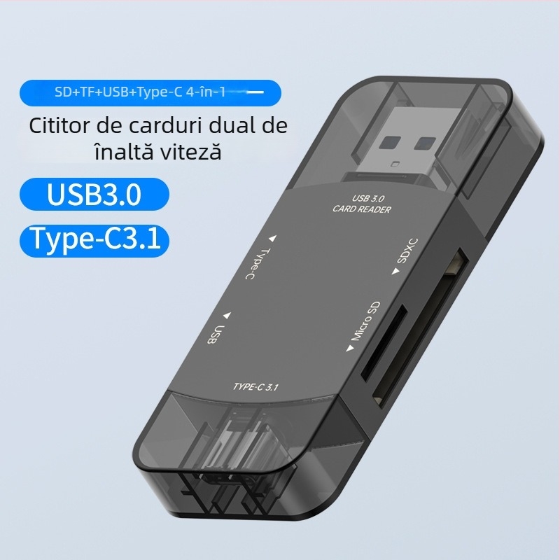 Cititor de carduri USB-C/USB 3.0 2 în 1 pentru SD/SDHC/TF/microSD – extern, aliaj de zinc, 30 g, viteză înaltă, compatibil cu toate sistemele de operare