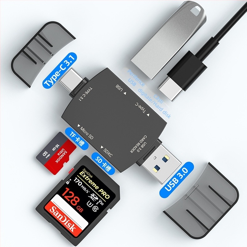 Cititor de carduri USB-C/USB 3.0 2 în 1 pentru SD/SDHC/TF/microSD – extern, aliaj de zinc, 30 g, viteză înaltă, compatibil cu toate sistemele de operare