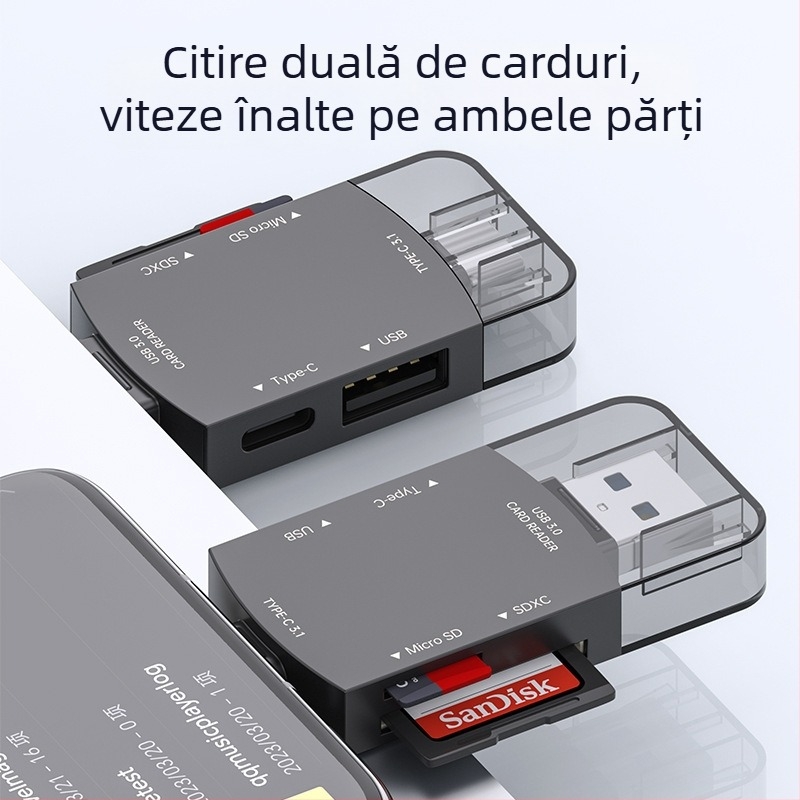 Cititor de carduri USB-C/USB 3.0 2 în 1 pentru SD/SDHC/TF/microSD – extern, aliaj de zinc, 30 g, viteză înaltă, compatibil cu toate sistemele de operare