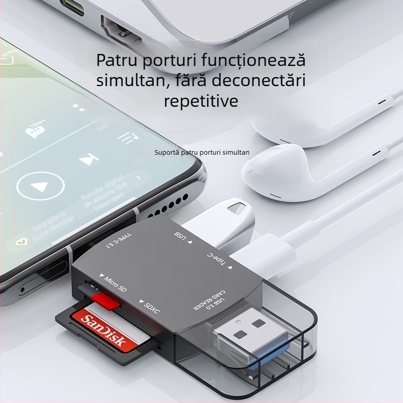 Cititor de carduri USB-C/USB 3.0 2 în 1 pentru SD/SDHC/TF/microSD – extern, aliaj de zinc, 30 g, viteză înaltă, compatibil cu toate sistemele de operare
