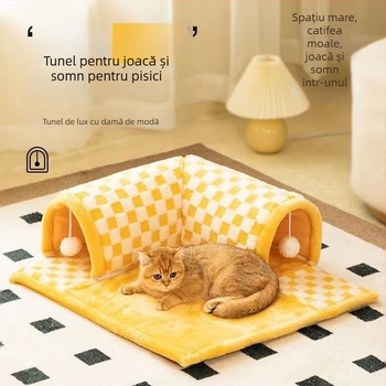 Cuib pentru pisici și câini cu tunel-labirint și grotă — cald pe tot timpul anului, lavabil, instalare ușoară, material: pânză