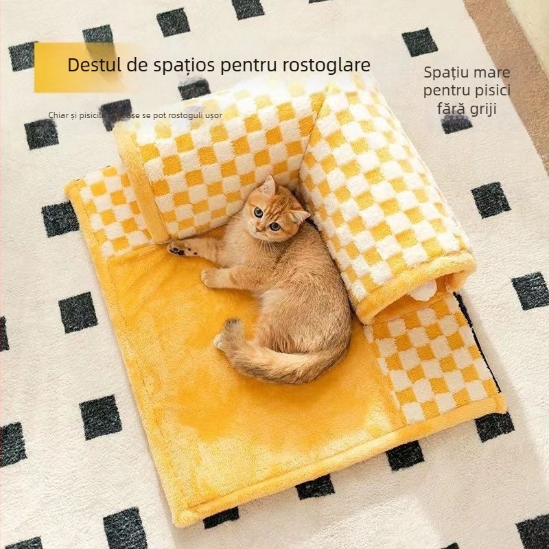 Cuib pentru pisici și câini cu tunel-labirint și grotă — cald pe tot timpul anului, lavabil, instalare ușoară, material: pânză