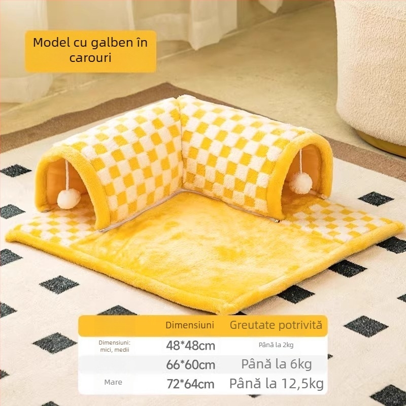 Cuib pentru pisici și câini cu tunel-labirint și grotă — cald pe tot timpul anului, lavabil, instalare ușoară, material: pânză