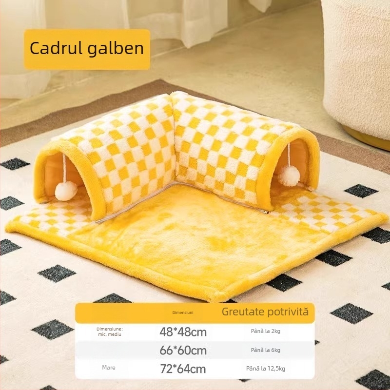 Cuib pentru pisici și câini cu tunel-labirint și grotă — cald pe tot timpul anului, lavabil, instalare ușoară, material: pânză