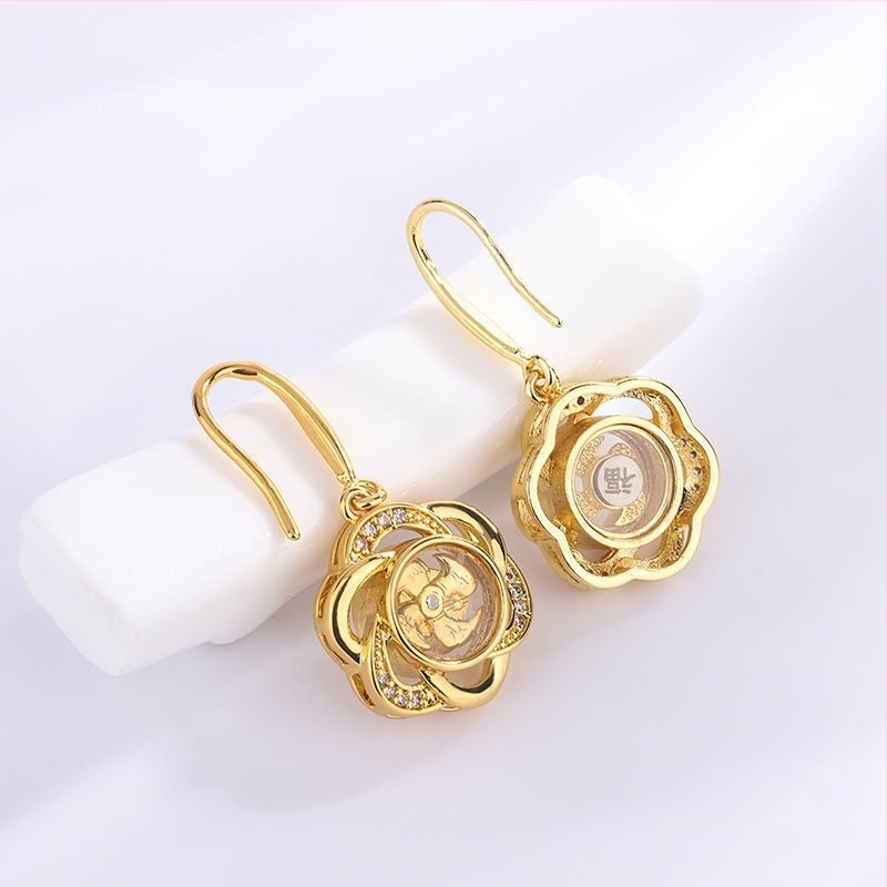 Cercei cu cârlig rotativ pentru urechi — floral, din cupru, placare electrolitică, stil Vânt Național, pentru femei