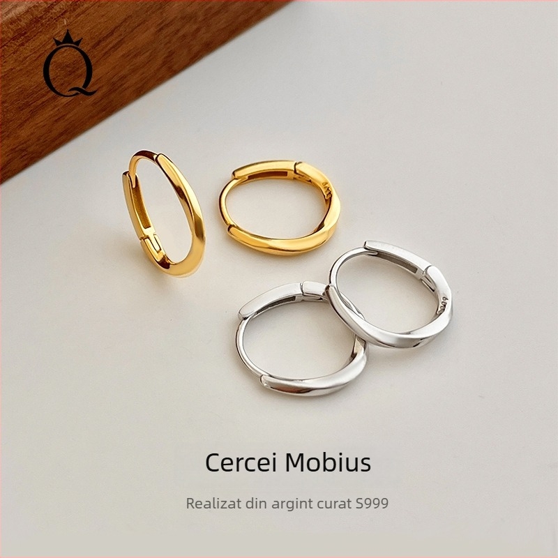 Cercei din argint S999, inel Mobius, design geometric, argint pur 99%