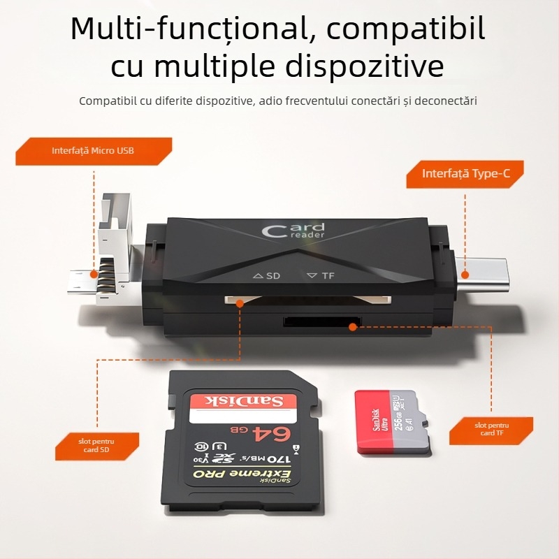 Cititor OTG de carduri SD/TF, USB 2.0 și USB-C, portabil, ABS plastic