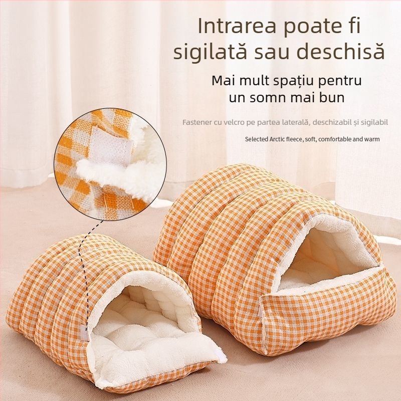 Cuib pentru animale de companie – închis, cald iarna, pentru câini și pisici, utilizare pentru patru sezoane, poliester, lavabil, montare ușoară, fără tavă de toaletă