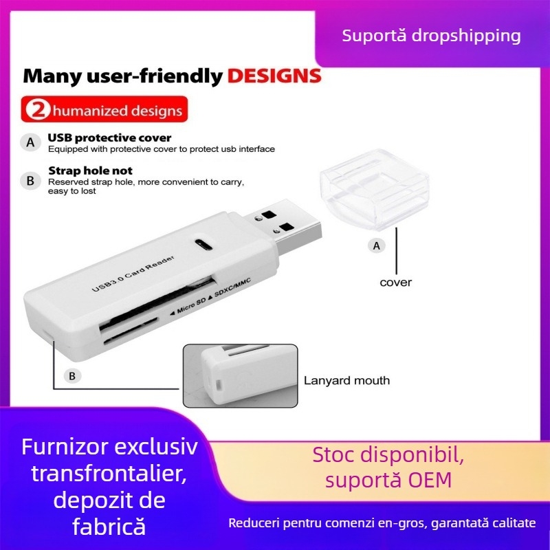 Cititor USB 3.0 pentru carduri SD și TF (microSD), extern, transfer de date 2 în 1