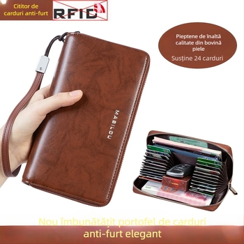 Portofel lung din piele naturală, cu multiple sloturi pentru carduri, capacitate mare, din piele de vițel cu două straturi, design bi-fold, anti-fraudă