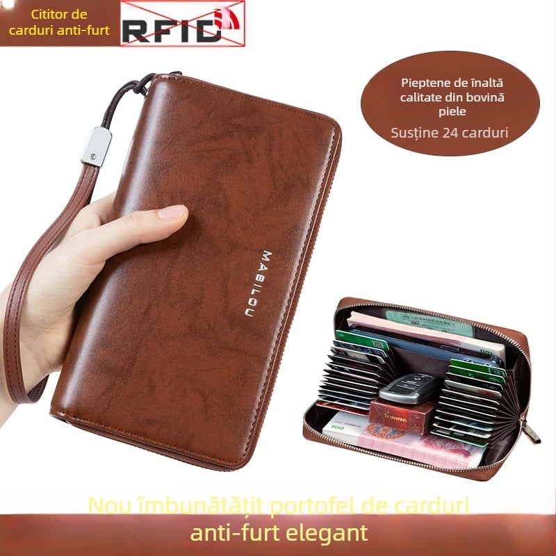 Portofel lung din piele naturală, cu multiple sloturi pentru carduri, capacitate mare, din piele de vițel cu două straturi, design bi-fold, anti-fraudă