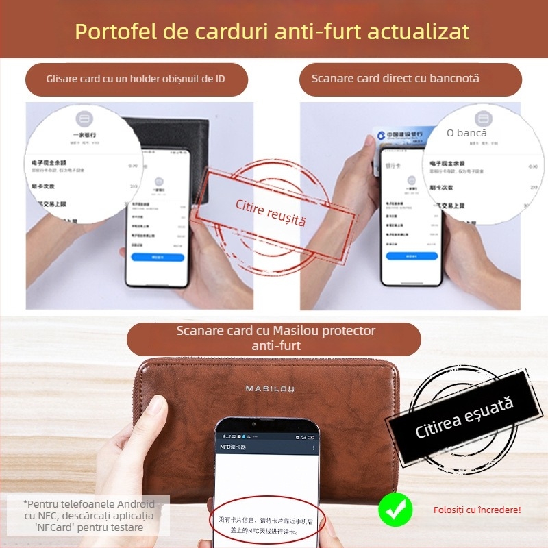 Portofel lung din piele naturală, cu multiple sloturi pentru carduri, capacitate mare, din piele de vițel cu două straturi, design bi-fold, anti-fraudă