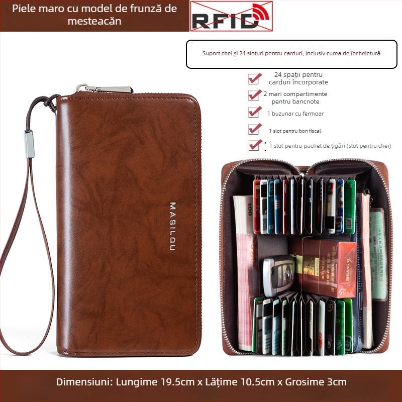 Portofel lung din piele naturală, cu multiple sloturi pentru carduri, capacitate mare, din piele de vițel cu două straturi, design bi-fold, anti-fraudă