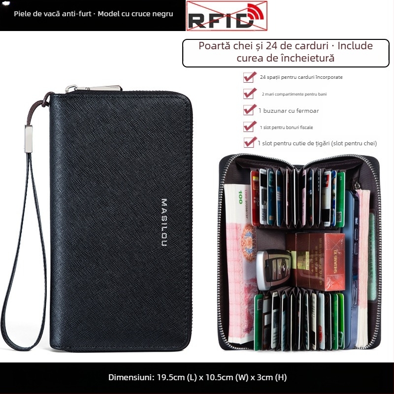 Portofel lung din piele naturală, cu multiple sloturi pentru carduri, capacitate mare, din piele de vițel cu două straturi, design bi-fold, anti-fraudă