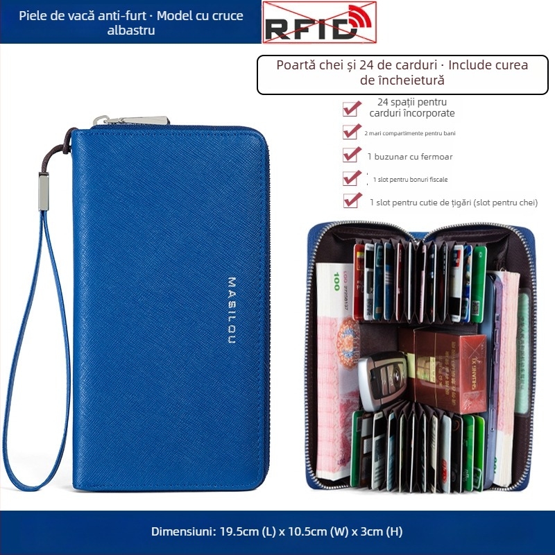 Portofel lung din piele naturală, cu multiple sloturi pentru carduri, capacitate mare, din piele de vițel cu două straturi, design bi-fold, anti-fraudă