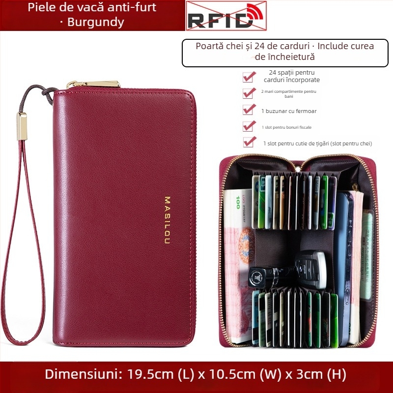 Portofel lung din piele naturală, cu multiple sloturi pentru carduri, capacitate mare, din piele de vițel cu două straturi, design bi-fold, anti-fraudă