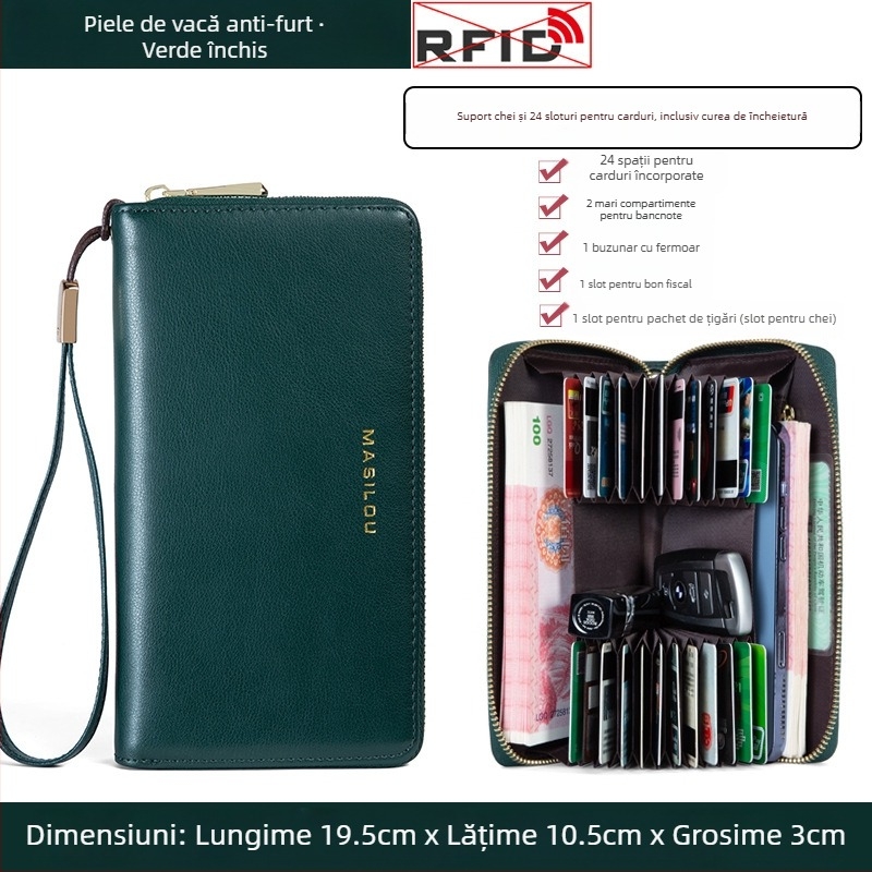Portofel lung din piele naturală, cu multiple sloturi pentru carduri, capacitate mare, din piele de vițel cu două straturi, design bi-fold, anti-fraudă