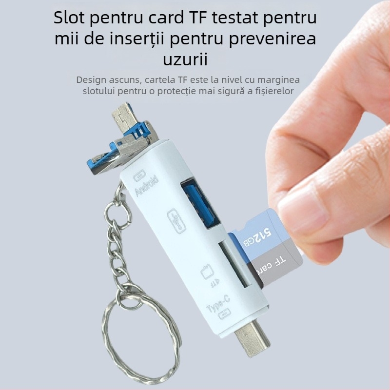 Cititor OTG de carduri cinci în unu cu interfețe Type-C, Micro USB și USB; suport pentru card TF și USB flash drive