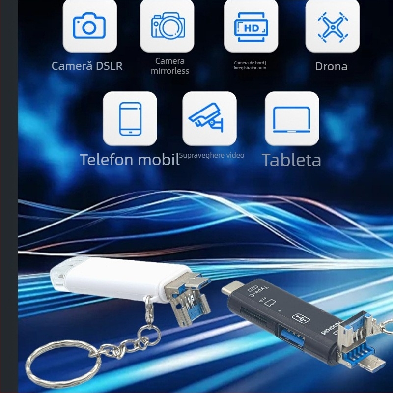Cititor OTG de carduri cinci în unu cu interfețe Type-C, Micro USB și USB; suport pentru card TF și USB flash drive