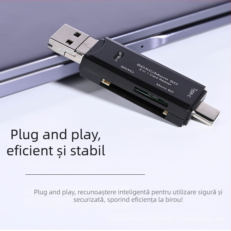 HX-518 Cititor de carduri 3-în-1 pentru telefoane, PC-uri și camere – SD/TF/MicroSD, USB 2.0, USB-C Android compatibil, ABS