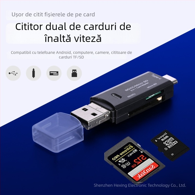 HX-518 Cititor de carduri 3-în-1 pentru telefoane, PC-uri și camere – SD/TF/MicroSD, USB 2.0, USB-C Android compatibil, ABS