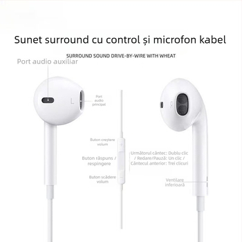 Căști in-ear cu fir, cablu 1,2 m, compatibile iOS, plug-and-play