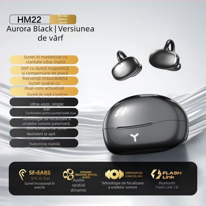 HM22 headset Bluetooth wireless cu clip pentru urechi, design clip, rază de 10 m, BT 5.4, baterie peste 8 ore, stereo
