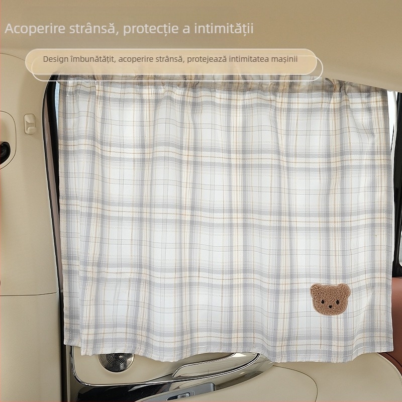 Curtă de protecție solară pentru mașină cu ventuză, model grilă cu urs, țesătură semitransparentă, potrivire universală, tip de agățat