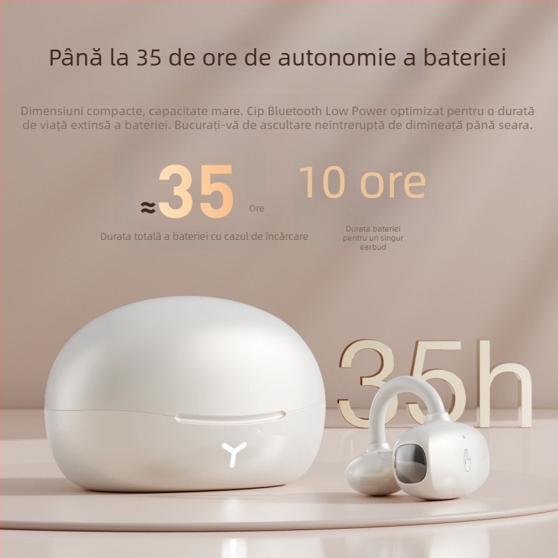 Cască Bluetooth cu clip pentru urechi, atingere dublă, traducere AI, cip Realtek, IPX7 rezistență la apă, autonomie peste 8 ore, stereo fără fir