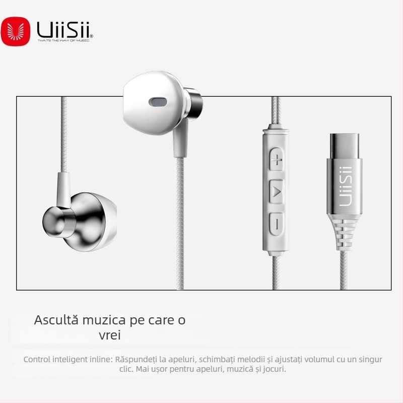 Căști in-ear cu fir Type-C, bas puternic, microfon metalic, sensibilitate 102 dB, cablu de 120 cm