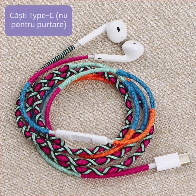 Căști cablate Type-C cu microfon, cablu împletit de 1,2 m, mufă 3,5 mm, impedanță 32 Ω, frecvență 20–20 kHz